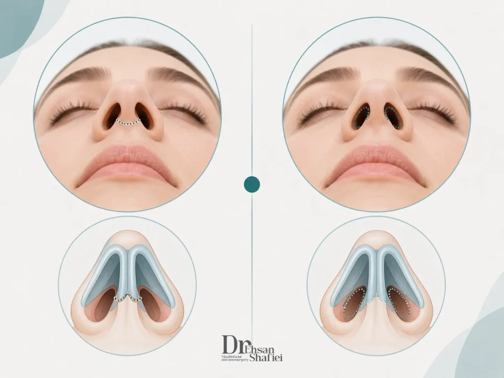 تفاوت محل برش در رینوپلاستی باز و بسته روی ساختار بینی